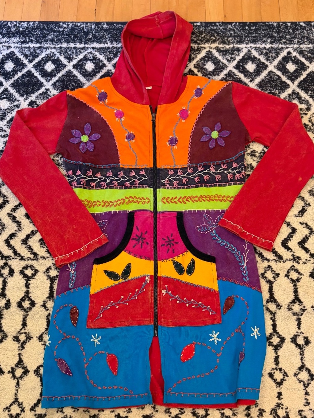 Nepali Pixie Hoodie XXL Red Acid Wash Embroidered Festival Goth Hippie Bohemian